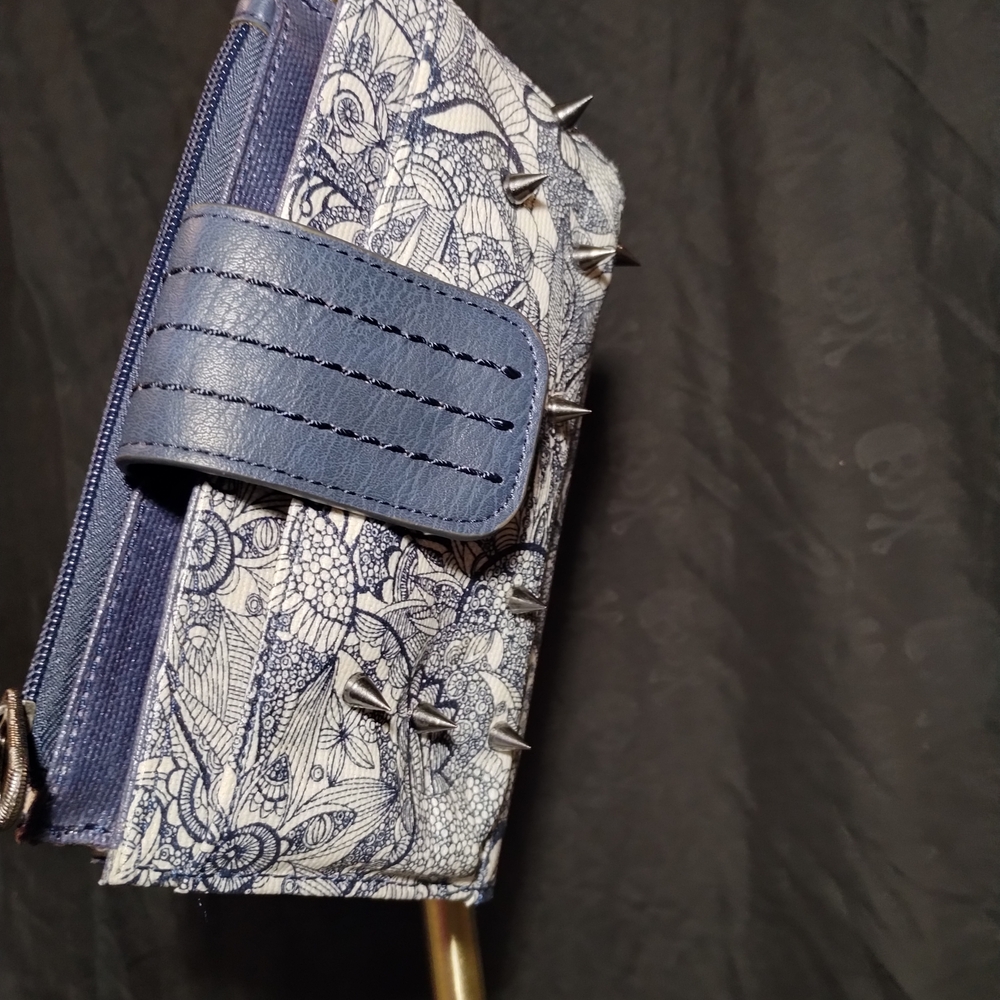 Blue and White Patterned Wallet with Studs